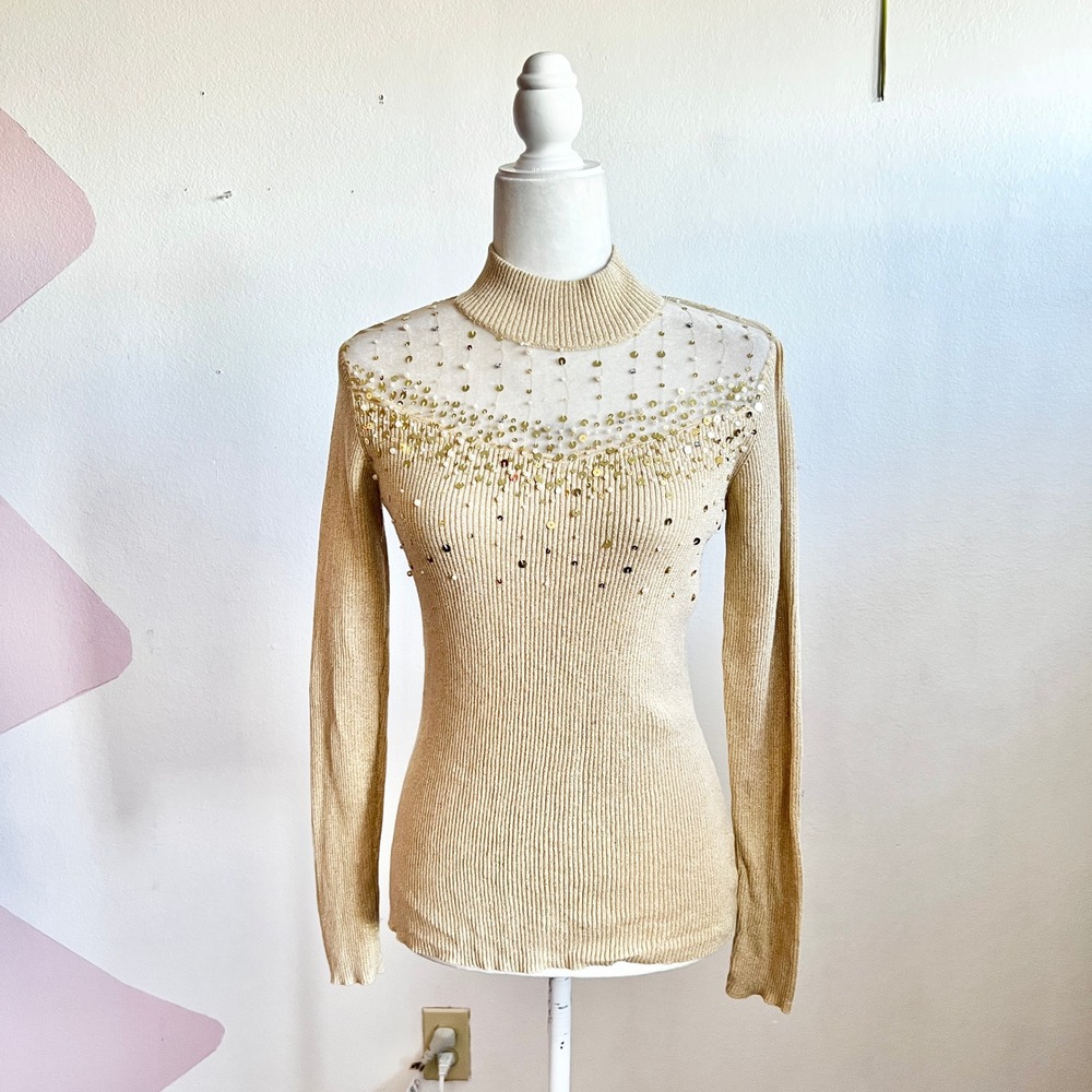 Vtg Y2K 2000s Long‎ Sleeve Top Sequin Gold 2000s Glam 90s Small